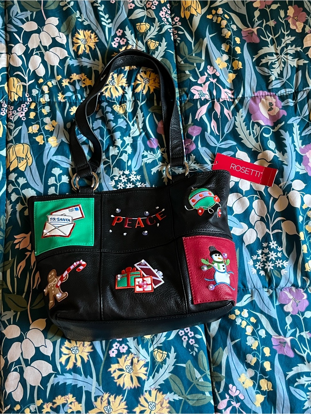 Rosetti Black Patchwork Holiday Shoulder Tote with Red and Green Accents NWT